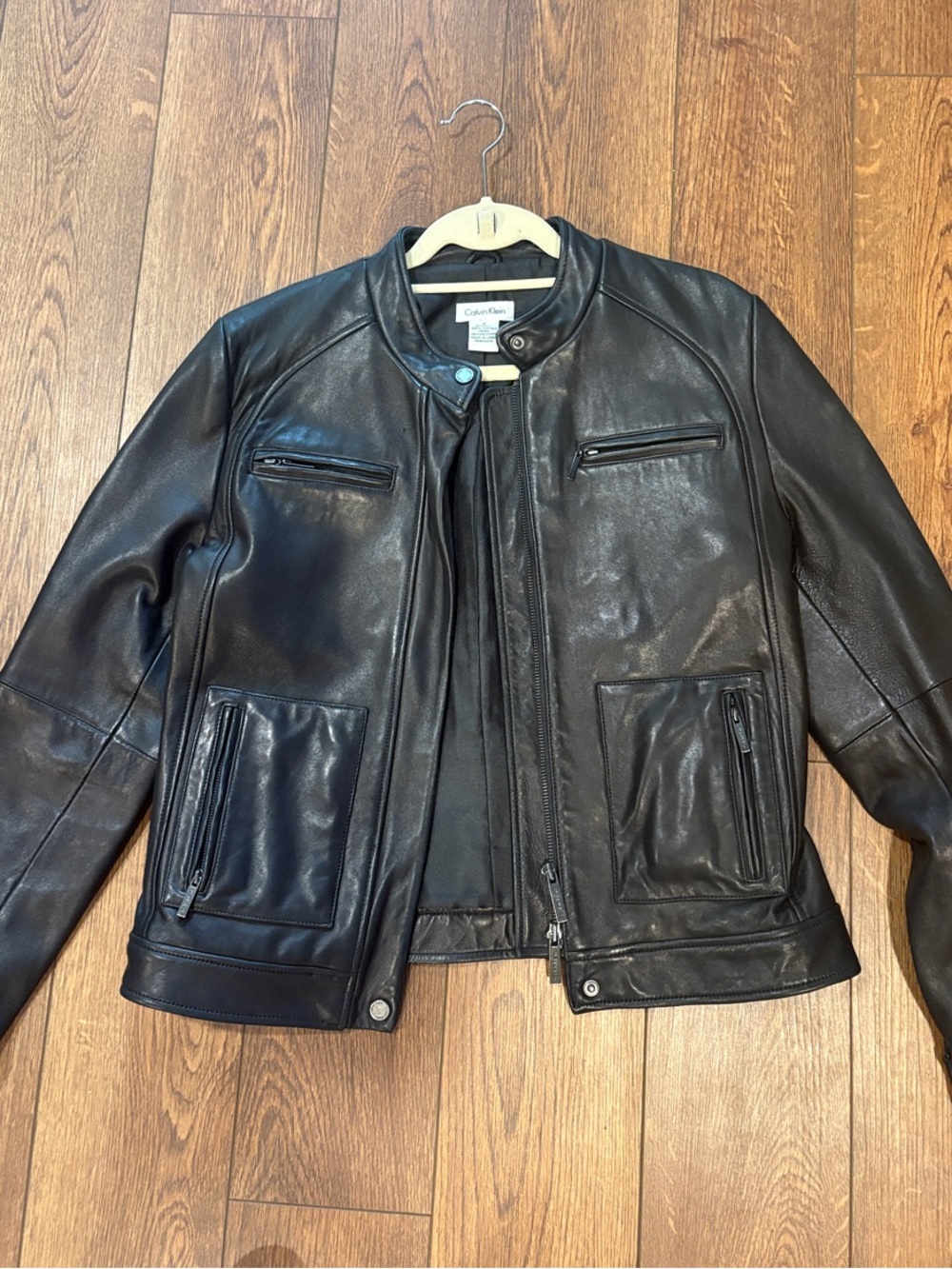 Calvin Klein Black Leather Moto Jacket with Zip Pockets